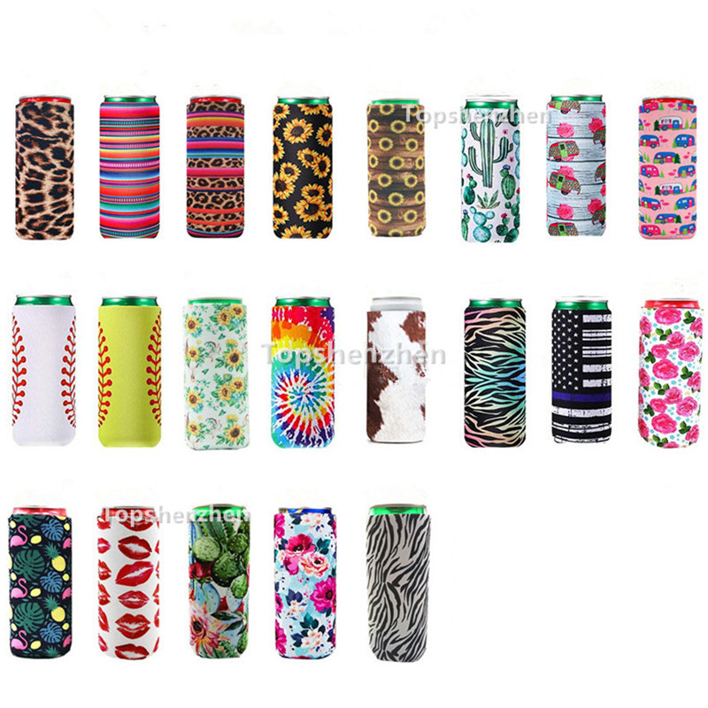 

21 Design Print Handle Collapsible Neoprene Slim Can Cooler Sleeves Covers Holder Insulated Tall Straight Case Bag Pouch Fit For 12oz standard Drink Beer Soda Cans