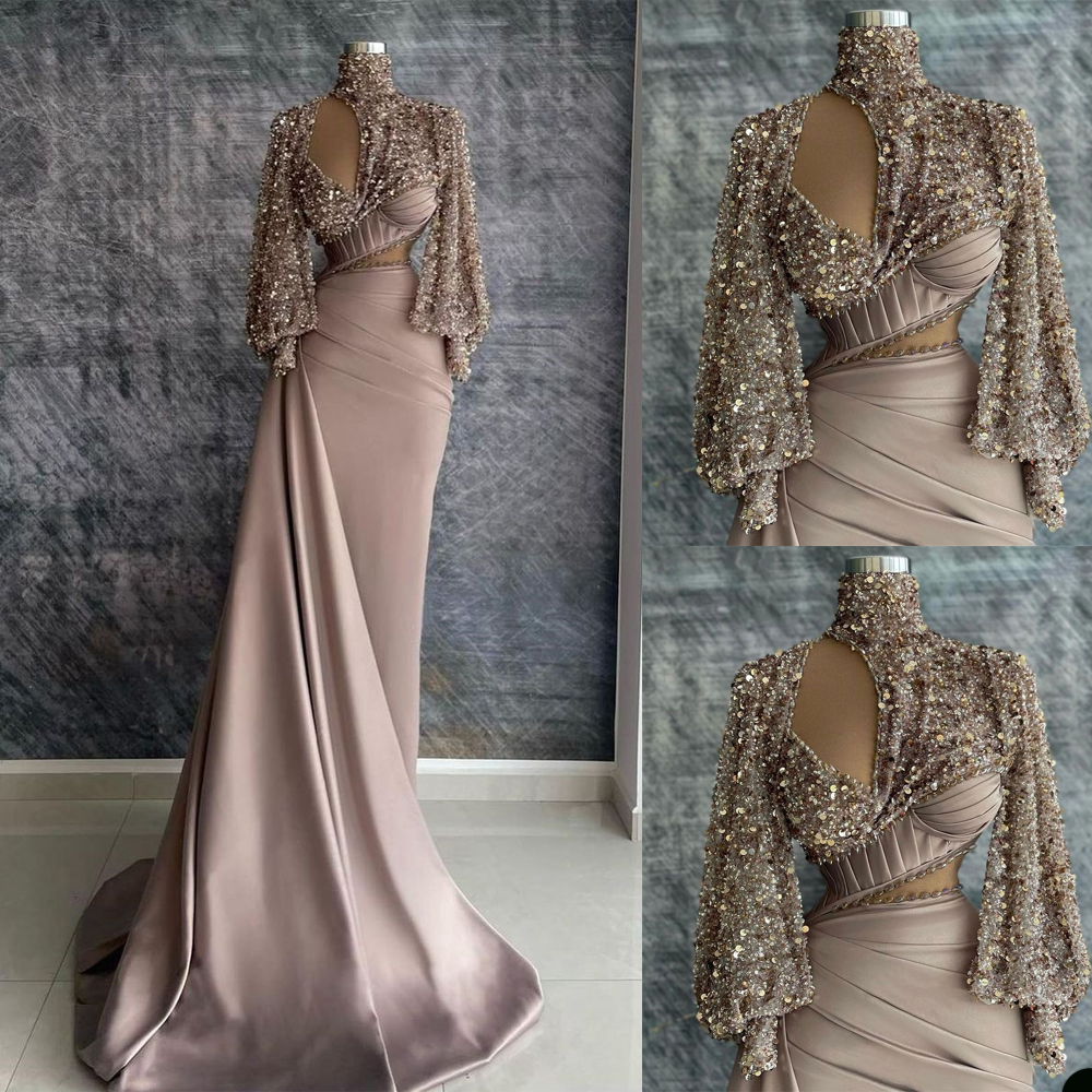 

Sexy Saudi Arabia Prom Dresses 2022 Formal High Neck Satin Evening Dress Mermaid Long Sleeve Sequined Cocktail Party Gowns, Brown