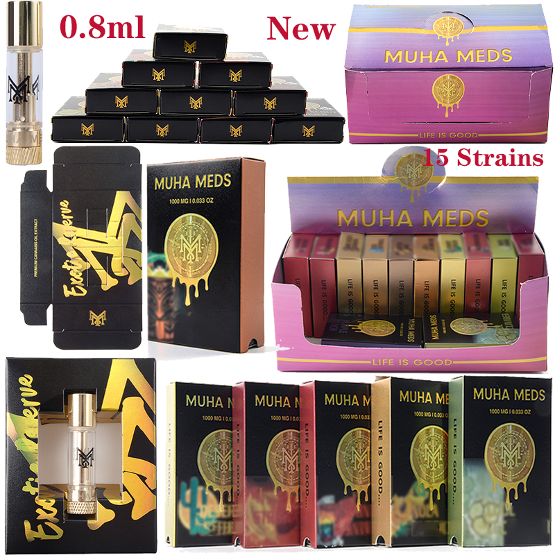 

15 Strains New MUHA MEDS Packaging Vape Cartridges Live Resin Atomizer Glass Tank Ceramic Coil Gold Thick Oil 0.8ml Vapes Pen 510 Thread Empty Wholesale
