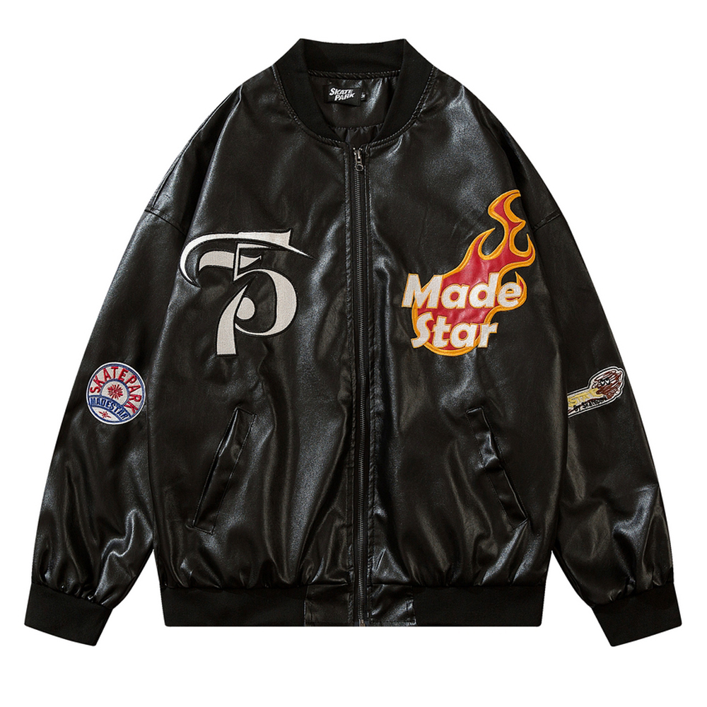 

Coats Men's Jacket PU Embroidered Letter Zipper Winter Hip Hop Motorcycle Jackets