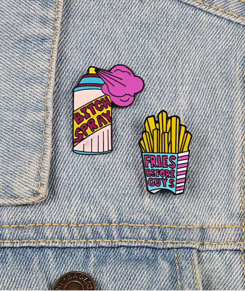 

Cartoon Pins Repellent fries brooches Funny Cute Remover Spray Enamel Pins cleaning denim bag Badge for women Jewelry Lapel pins, Mixed colors
