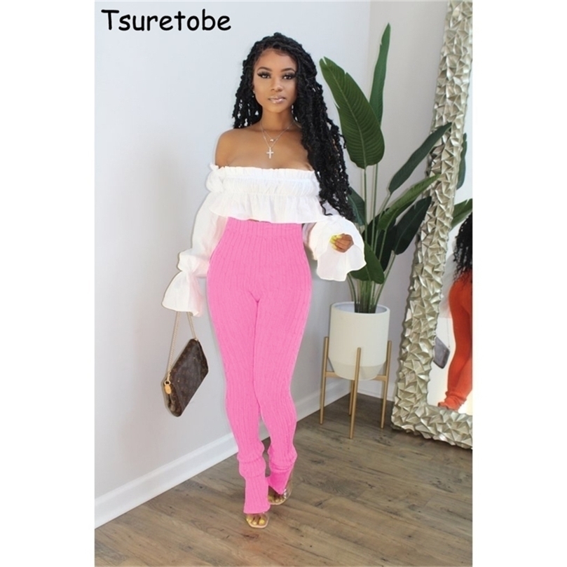 

Tsuretobe Knitted Stacked Leggings Streetwear Women Clothes Split Joggers Womens Sweatpants High Waist Flare Pants Trouser 201228, Gray