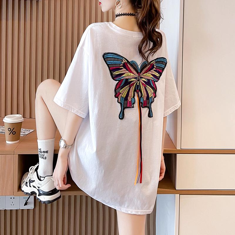 

Women's T-Shirt Short-sleeved Embroidered Women's 2022 Summer Fashion Heavy Industry Bow Loose Top T-shirtWomen's, Black