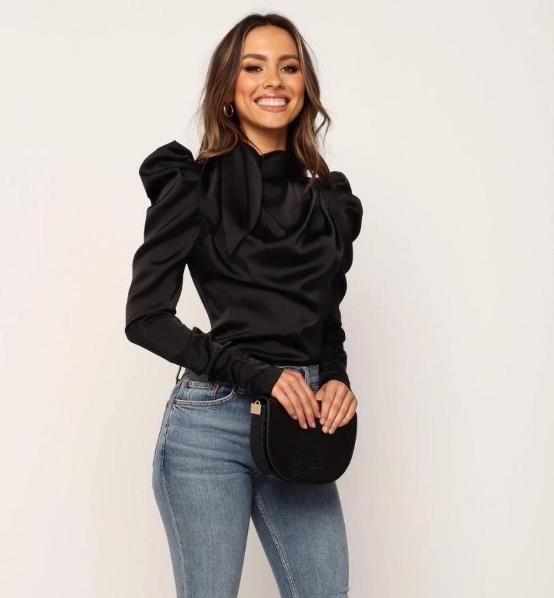 

Women' Blouses & Shirts BKMGC Elegant Puff Shoulder Silk Blouse Bow Collar Lady Solid Pleated Office Tops Turtleneck Party Clubwear, Black