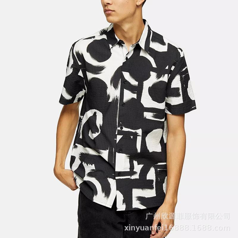 

Summer Printed Shirt Men's Short Sleeve Street Hawaii Beach Casual Shirts, Black