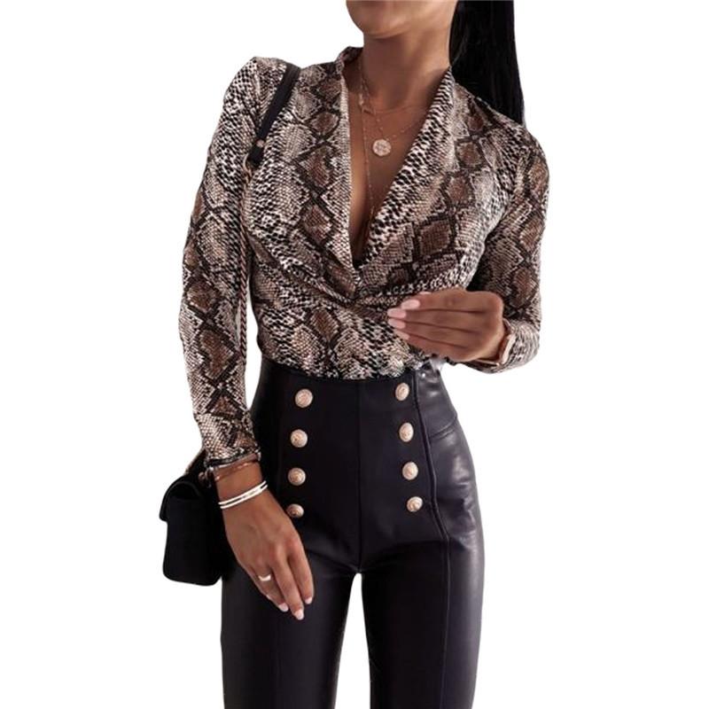 

Women' Two Piece Pants Xingqing Women Bodysuit Leopard Snakeskin Printed Elastic Party V-Neck Long Sleeve Causal Pleated Clothes Elegant La