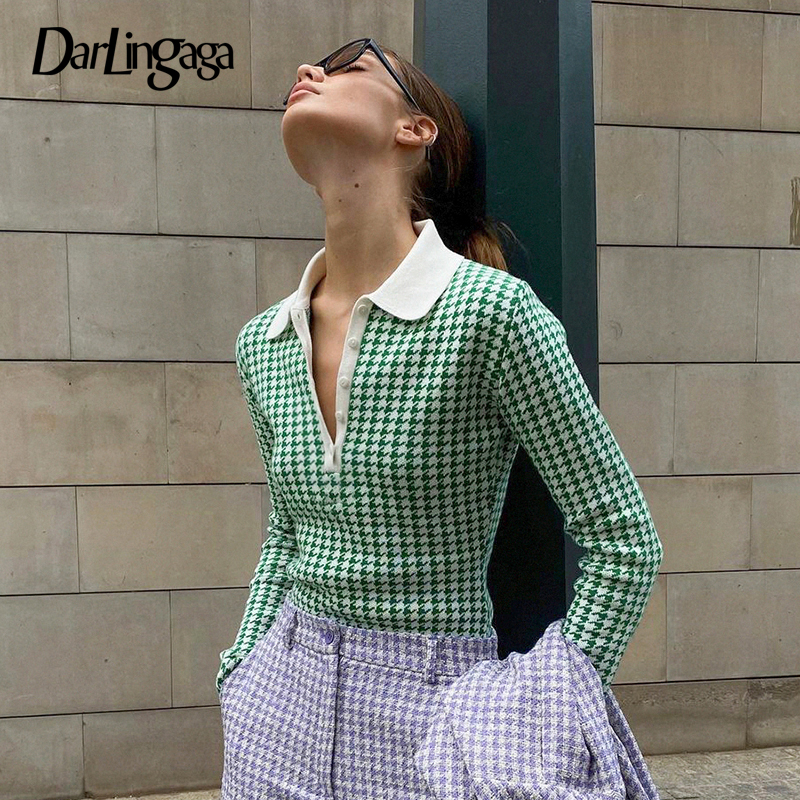 

Vintage Green Houndstooth Knitted Sweater Bodysuit Women Bodycon Autumn Winter Bodysuits Turn Down Collar Body Casual