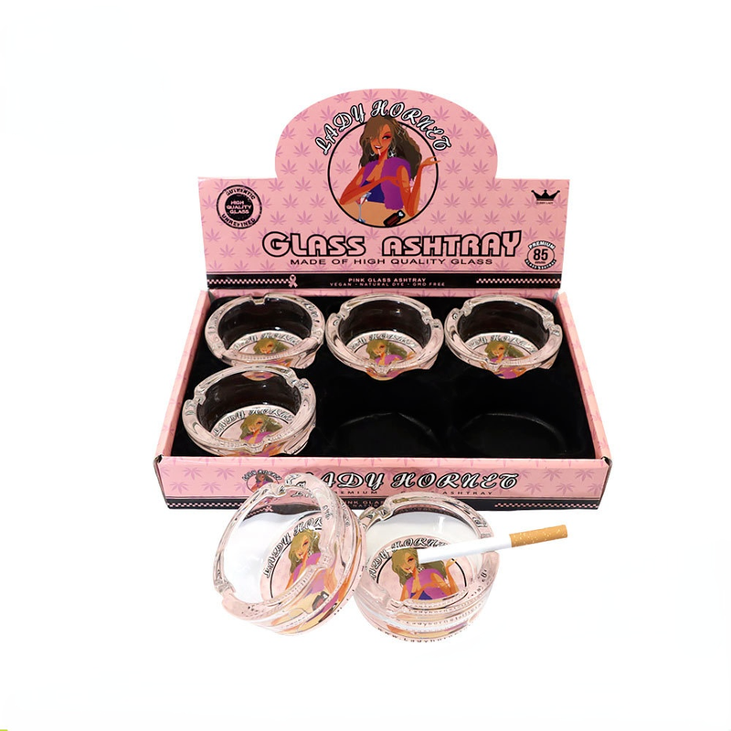 

Lady Hornet design glass ashtray Round diameter 8.5cm lightweight 6 pcs/ display washable transparent ashtrays