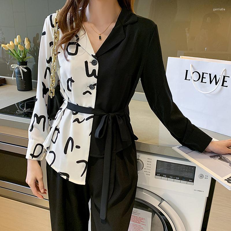 

Women' Blouses & Shirts Chikichi 2022 Spring And Autumn Korean Fashion V-neck Stitching Lace-up Printing Loose Ladies Long-sleeved Button, Color
