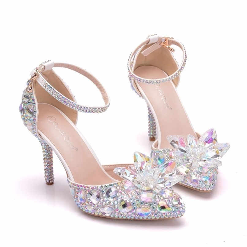 

Crystal Queen European Wedding Shoes Female White Drill Sandals Stiletto Pointed Bridal Pumps High Heels 220406, Lavender
