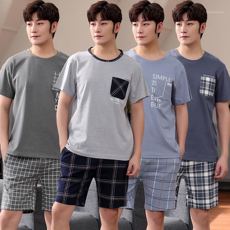 

Men's Sleepwear 2022 Summer Plus Size Short Sleeve Cotton Pajama Set For Men Casual Plaid Suit Pyjama Male Loungewear Homewear Clothes, 3119