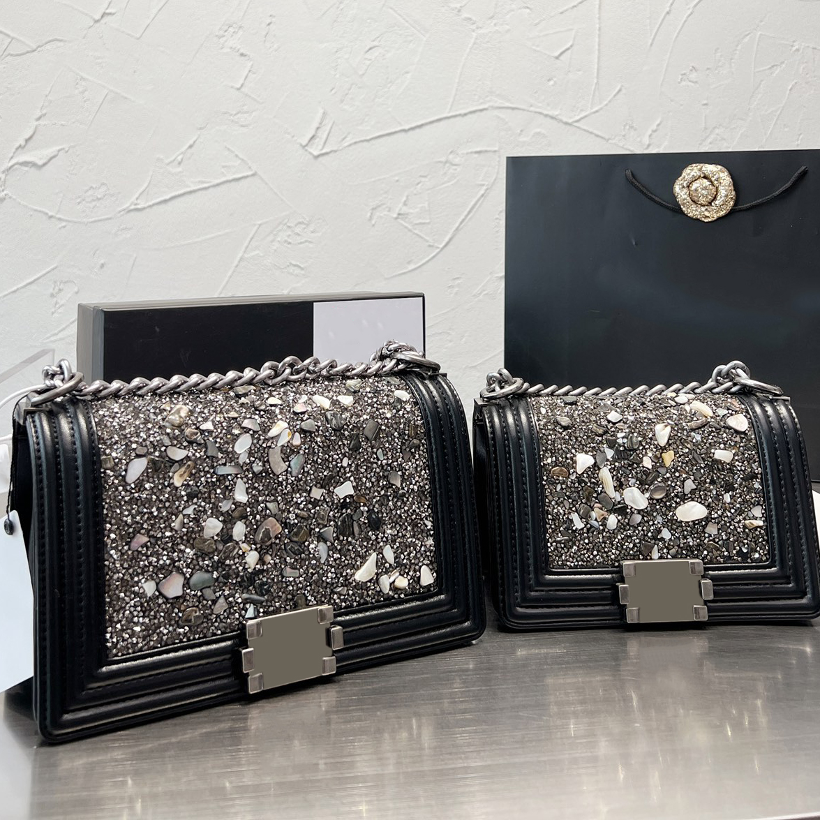 

22Ss Womens Boys Mini Diamond Flap Bag Designer Shiny Shimmer Calfskin Classic Quilted Vintage Silver Metal Hardware Chain Crossbody Luxury Branded Shoulder Bag, Box