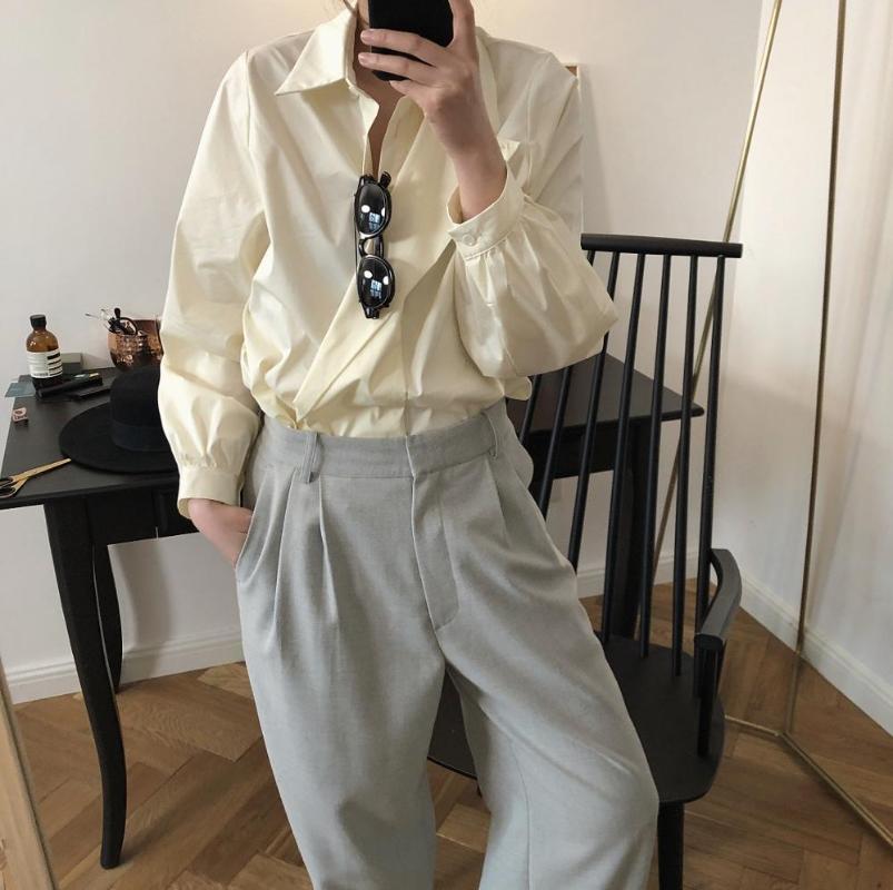 

Women's Blouses & Shirts Obrix Comfortable Breathable Retro Beige Color Female Shirt Long Sleeve Single Breasted Stylish Blouse For Women, White