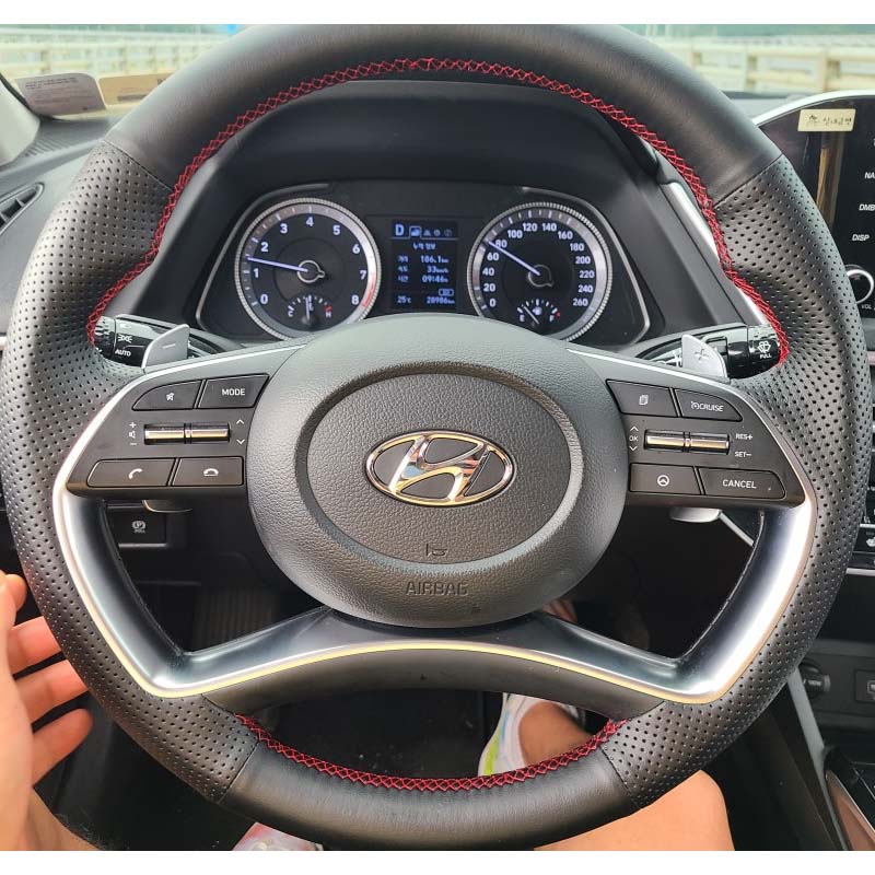 Customized Black Leather DIY Hand Sewing Car Steering Wheel Cover For Hyundai Sonata DN8 2020-21 Interior Car Accessories-image-767465052