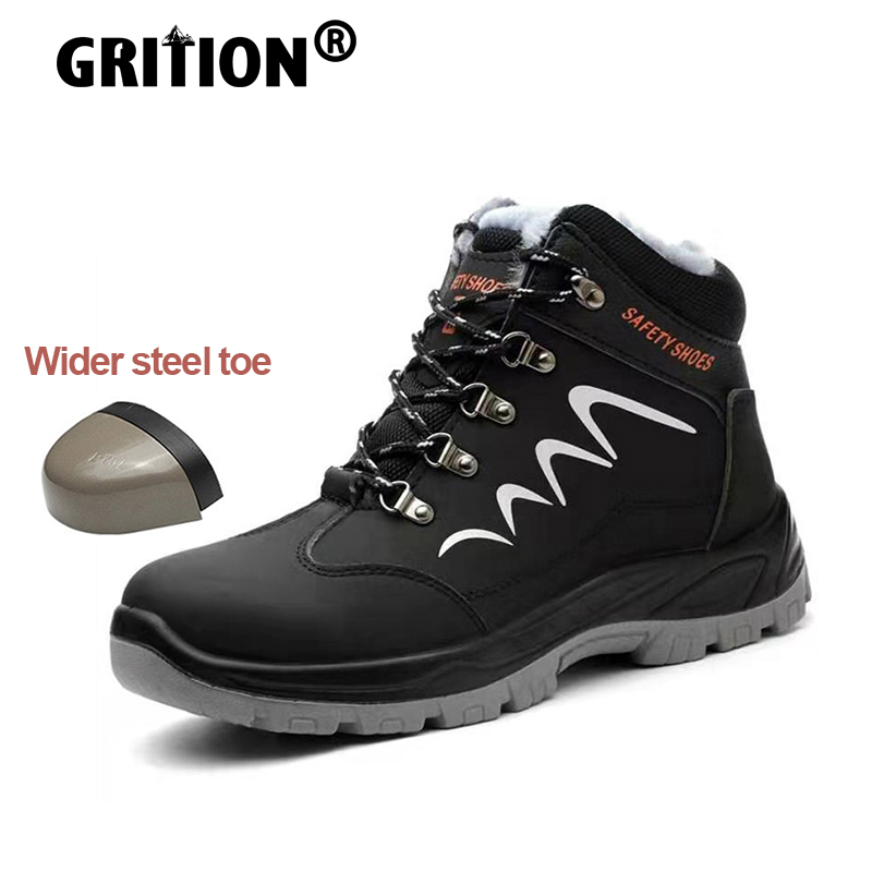 

Unisex Work Shoes Steel Toe Hiking Shoes Waterproof Leather Mesh Breathable Solid Outsole Anti Puncture Non Slip -47, Black with plush