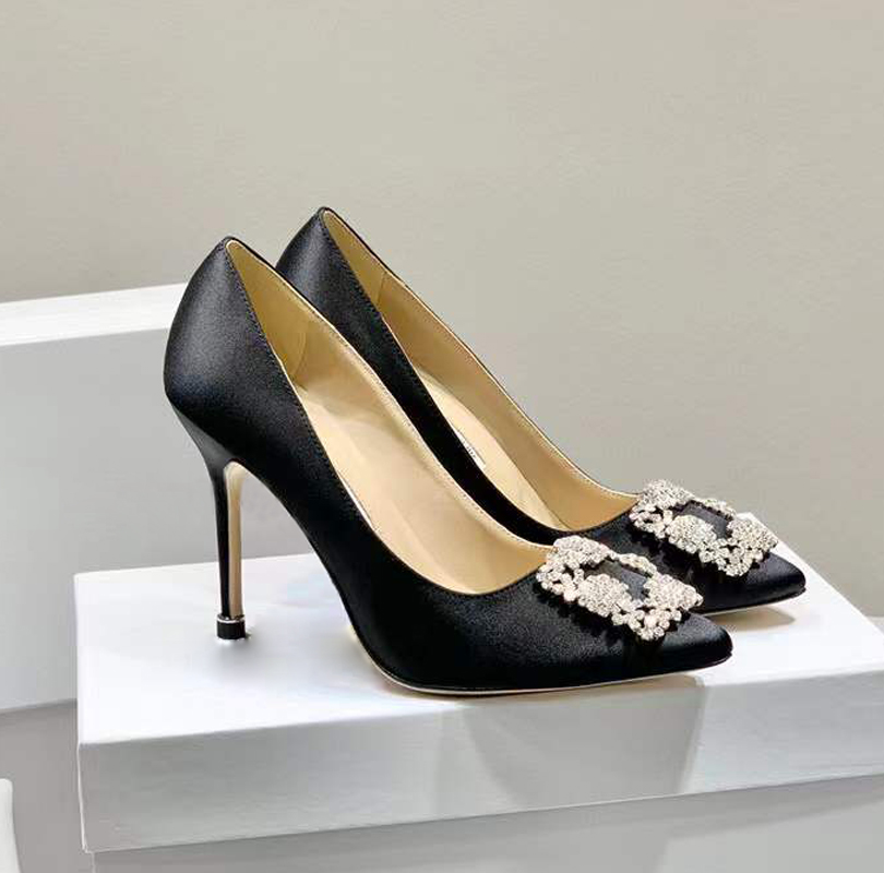

M B rhinestone Buckle Embellished Classic formal shoes 10cm 7cm women's Silk satin Party luxury designer pumps wedding High heeled boat shoe thin high heels, Pink 7cm