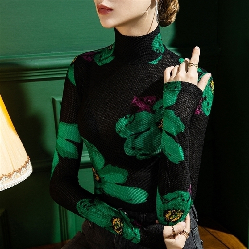 

T-shirt top Women' Long-Sleeve Autumn and Winter Stand-up Collar Lace Mesh Bottoming Shirt for Women Printed Thickened 220402, Black