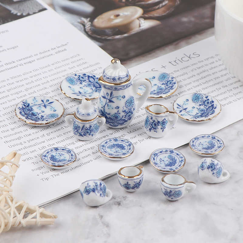 15Pcs 1:12 Miniatures Dollhouse Porcelain Tea Cup Set Flower Tableware Kitchen Furniture Toys Wholesale-image-761585372