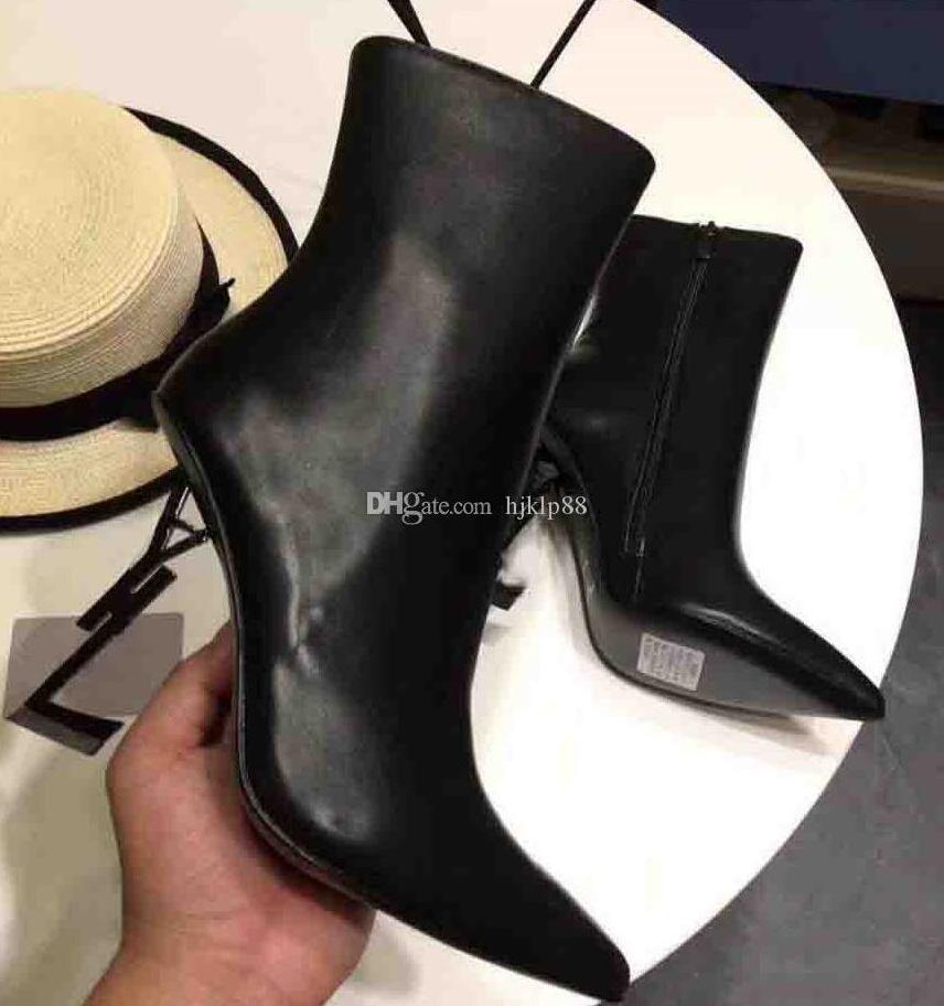 

Top Quality Genuine Leather Brand New Sexy Shoes Woman Boots High-heeled Boots Pointed toe Fashion Single High heel Wedding Shoes 10CM 8CM With Box, Black