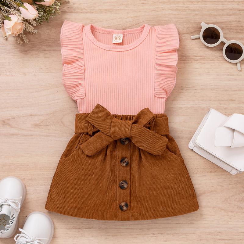

Clothing Sets Toddler Baby Girls Clothes Summer Knitted Ribbed Ruffle Sleeveless Tops Solid Color Corduroy Bow Skirt Fashion OutfitClothing, White