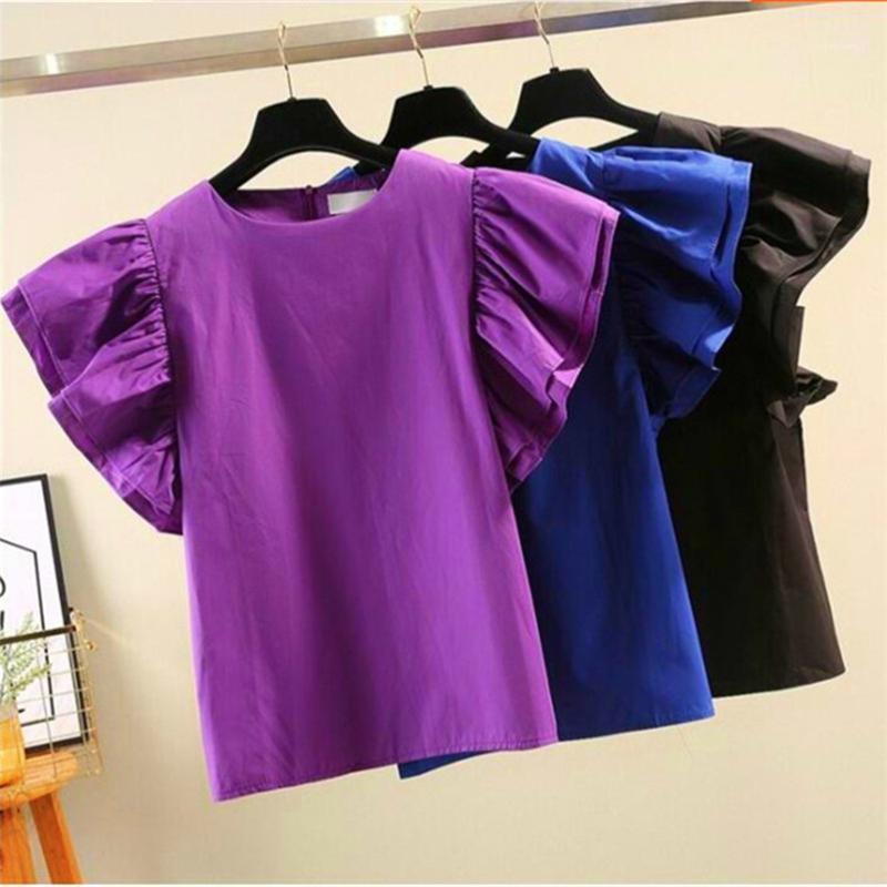 

Women Solid O-Neck Cotton Linen Shirt Summer Short Butterfly Sleeve Blouse Casual Loose Female Tops Plus Size -7XL 8XL1, Black