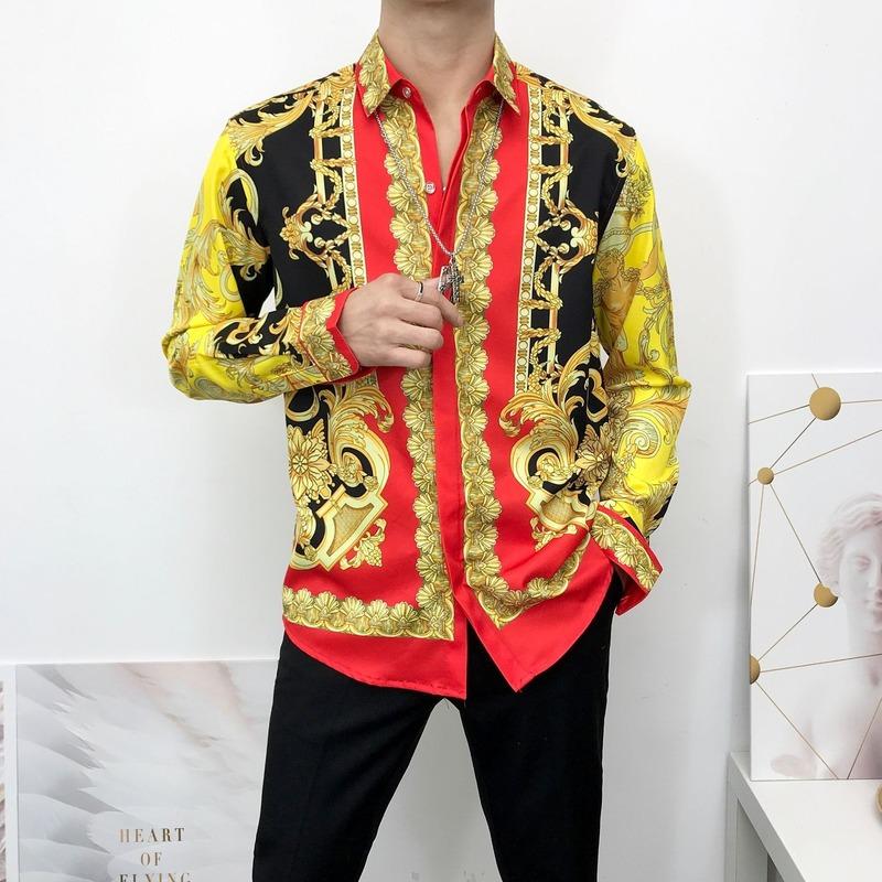 

Men's Casual Shirts Baroque Royal Yellow Shirt Men Fashionable Gold Flower Top 2022 Luxury Designer Long-sleeved Party Prom Club