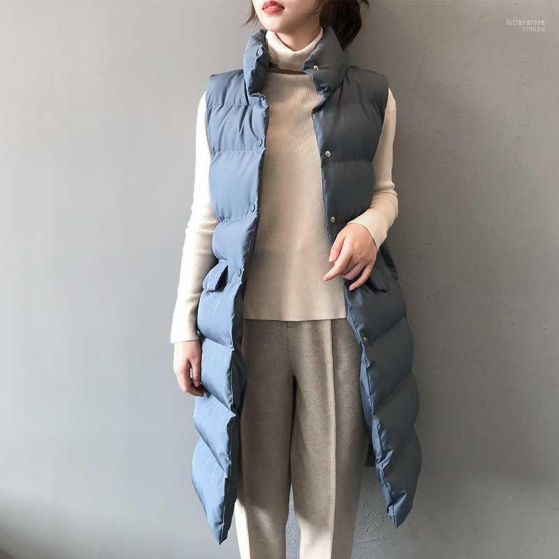 

Autumn And Winter Cotton Vest Women's Thicken Stand Collar Fashion Female Solid Color Casual Loose Mid Length Jacket Vests Luci22, Blue