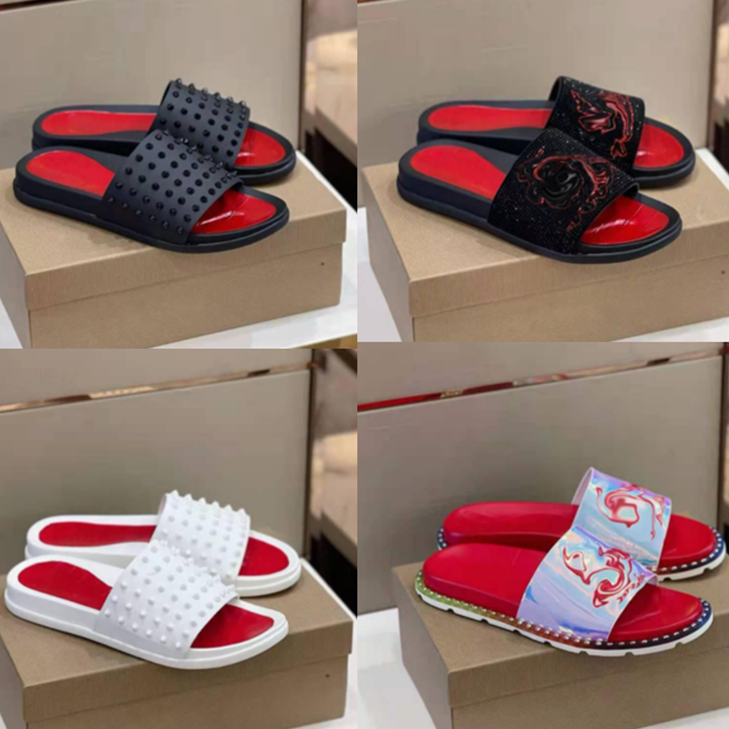 

2022 Men Red Bottoms Slides Designer Slippers Studed Designers Rivet Suede Sandals Mens Printed Slides Flat Shoes Summer Outdoor Laser Striped With box size 38-47