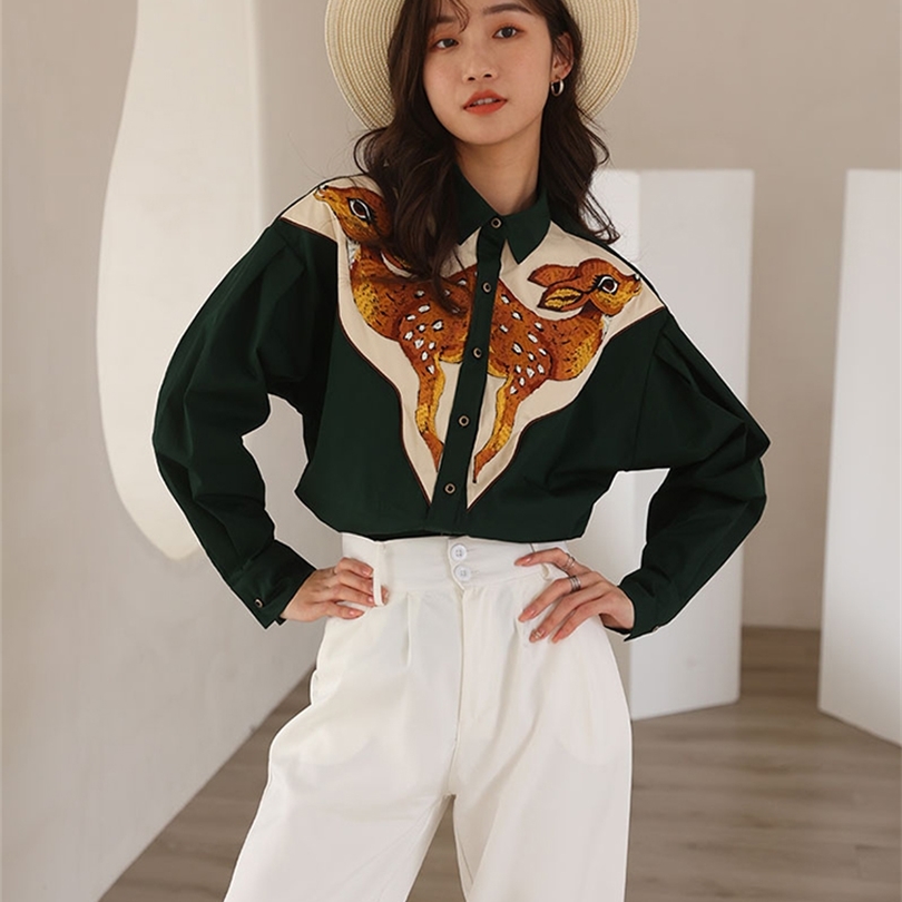 

CHEERART Deer Embroidered Long Sleeve Shirt Vintage Button Up Collar Dark Green Shirt For Women Designers Tops And Blouses 220514