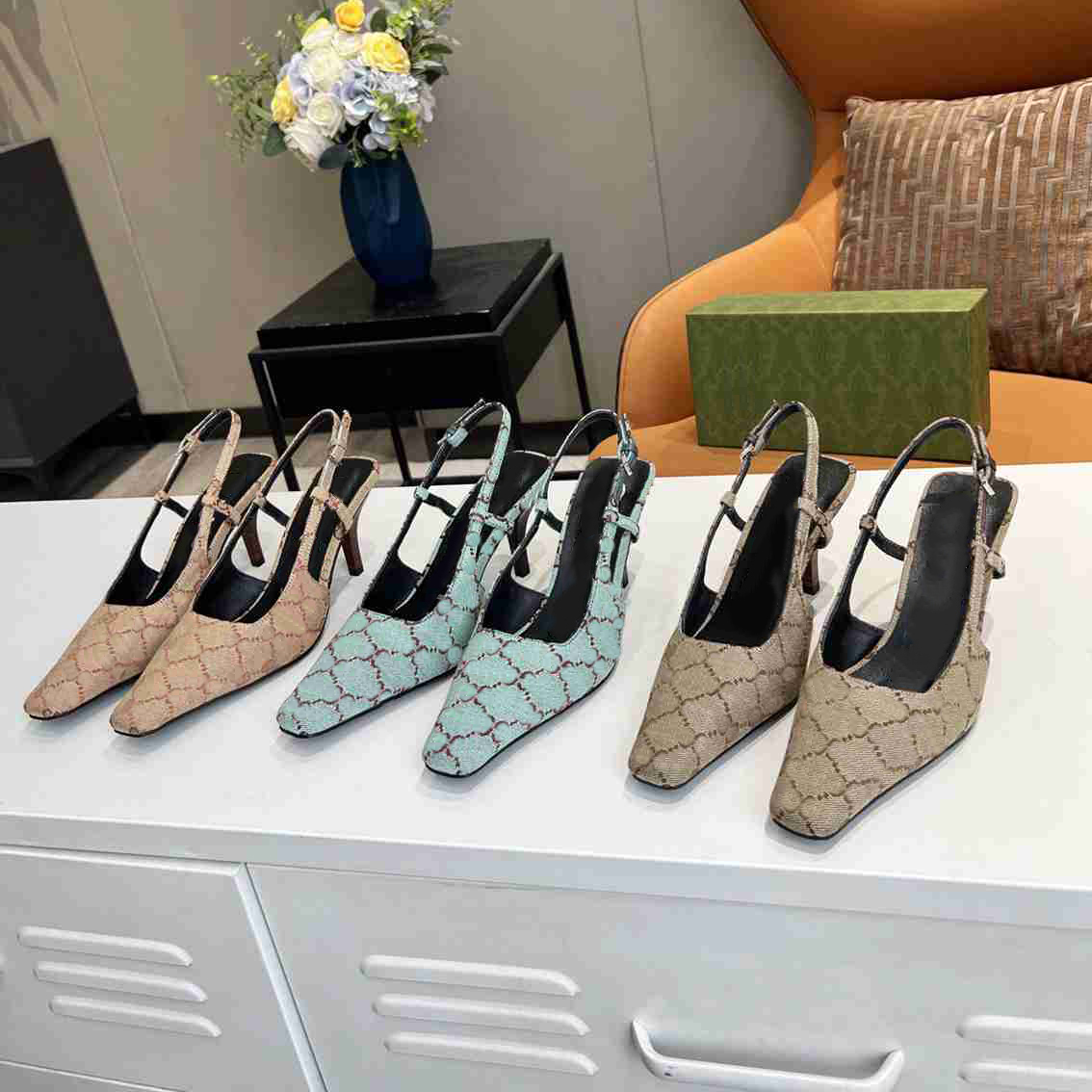 

Mid-heel pump designer slipper women sandal slippers Bloom web floral glitter diamond print shoes leather rubber multicolor summer high heel sandals