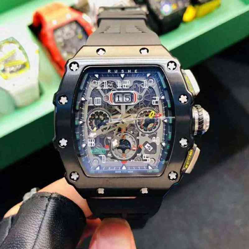

uxury watch Date Luxury Mens Mechanics Watch Richa Automatic Mechanical Imported Movement Wine Barrel Milles Business, Black yellow crown