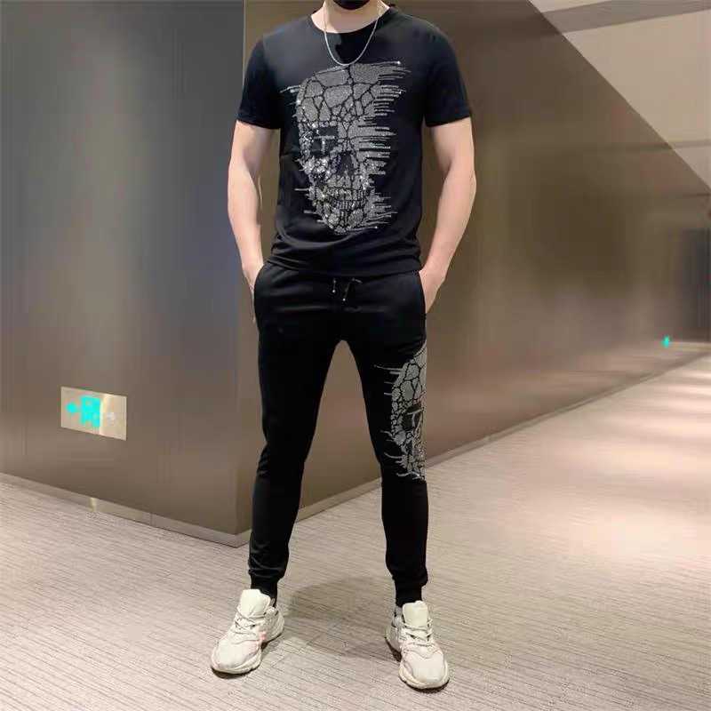 

Men's Tracksuits Fashion Drilling Sportswear Suit T-shirt+pants Casual Jacket, As picture shown