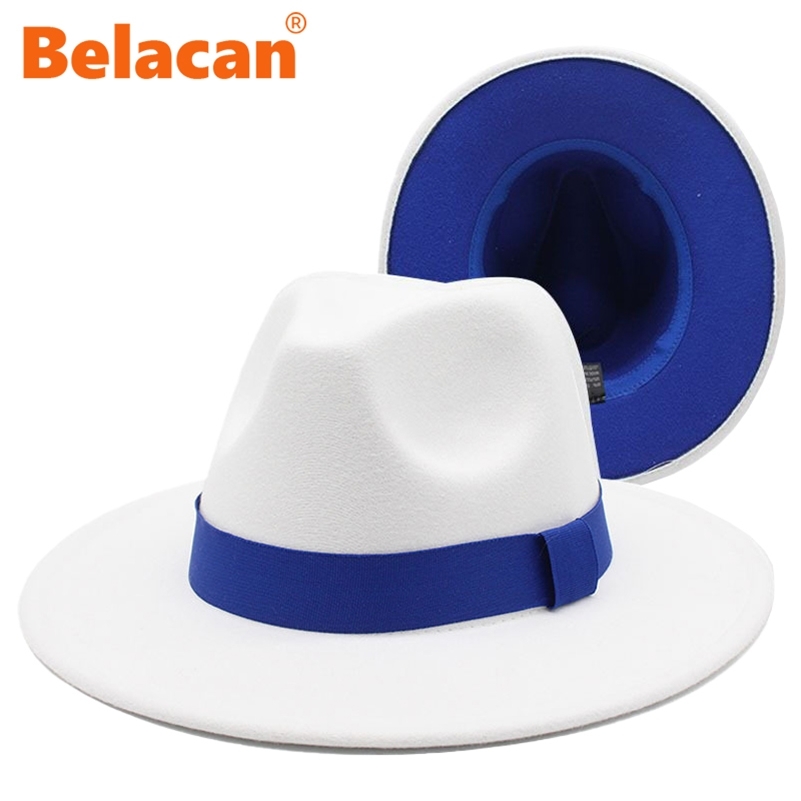 

White Patchwork Wide Brim Fedora Hats For Women Classic Two Tone Felt Fedora Hats For Men Fashion Cowboy Jazz Top Hat Blue Belt 220812, Mz47002-6