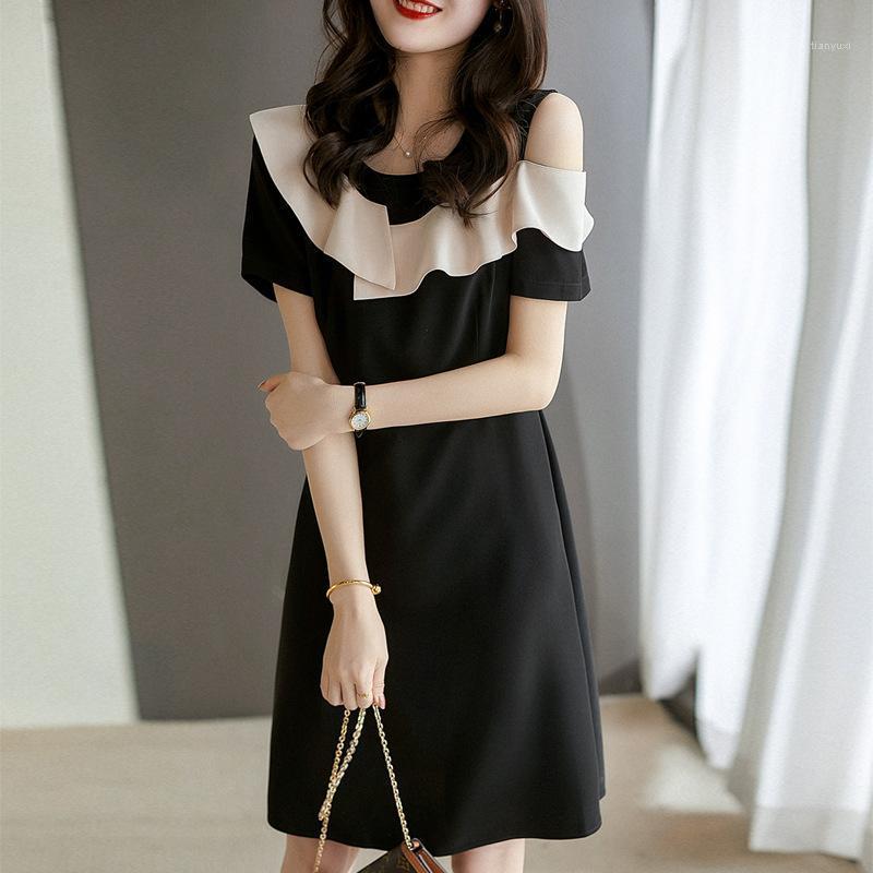 

Casual Dresses Women Dress Fashion Clothing Korean Lady Summer O-Neck Chiffon Office Girls Luxury, Black