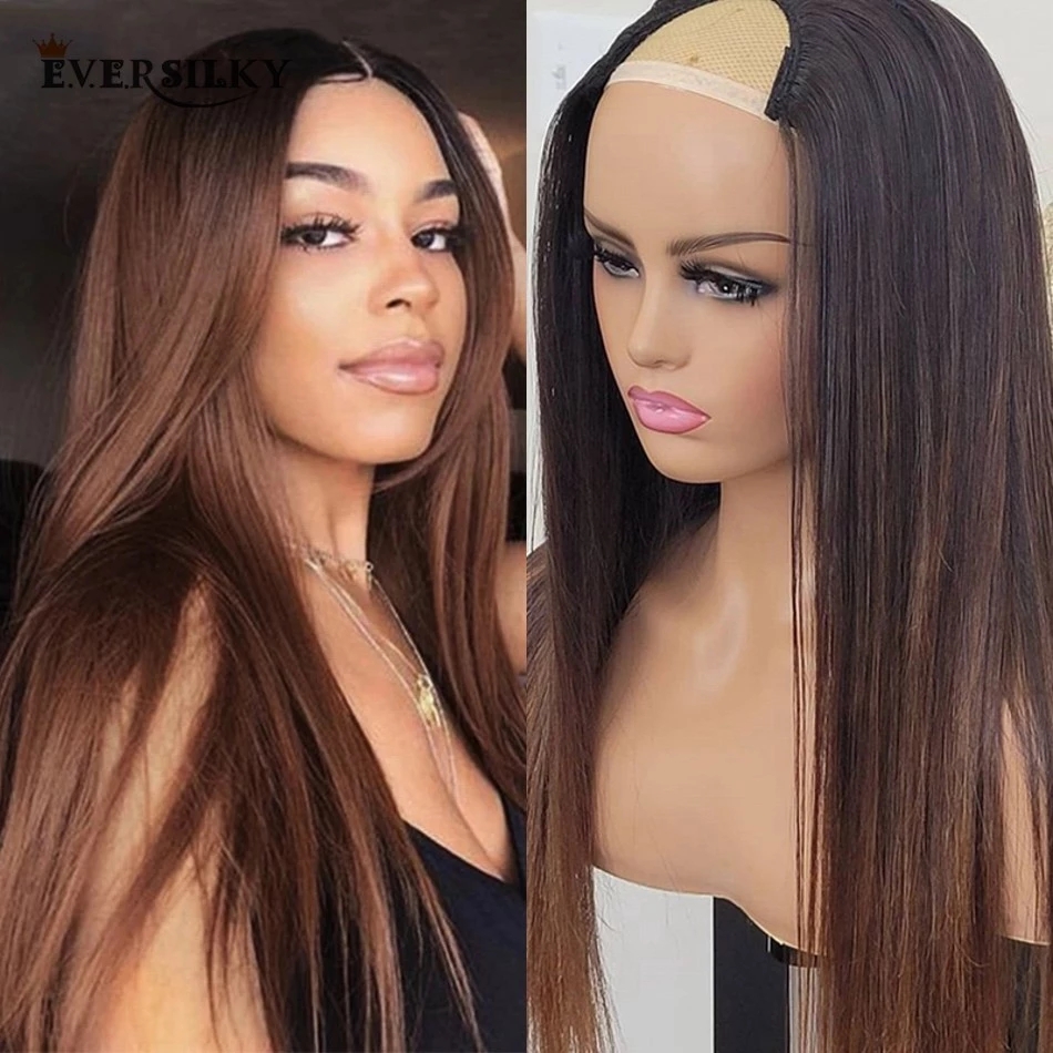 

Silky Straight Ombre Remy Human Hair Machine Made U Part Wigs for Women 180 Density Indian Hairs Middle Open V Parts Wigs, As picture color
