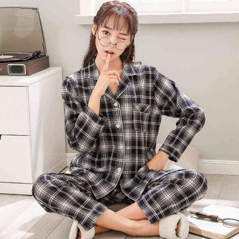 

100 Full Cotton Pajamas For Women Long Sleeve Lounge Wear Autumn Winter Pajamas Female Nightwear Suit Fashion Plaid Pijama Set J220730, Brown