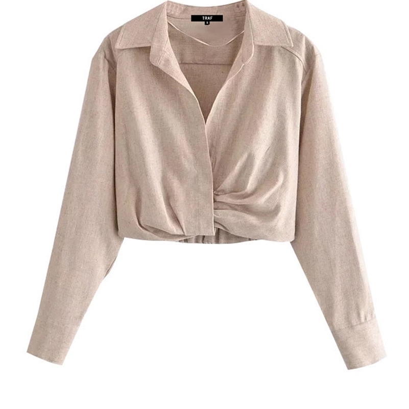

TRAF Women Fashion With Pleats Linen Cropped Blouses Vintage Long Sleeve Side Zipper Elastic Hem Female Shirts Chic Top 220813, As picture