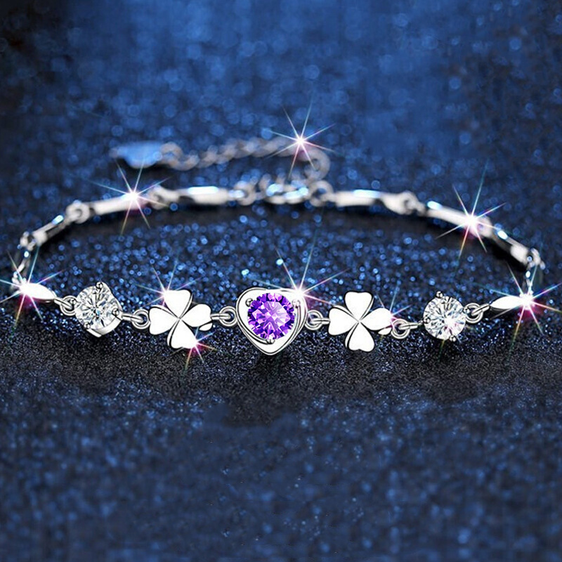 

Peach Heart Heart Shaped Amethyst Bracelet Four Leaf Clover Flower Hand Plated Rhodium Gold Delicate Chain Gift Shiny Wedding Party Gift