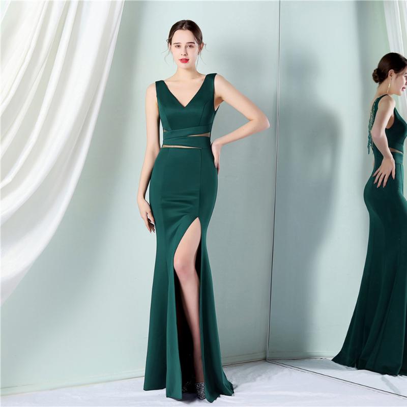 

Party Dresses Green Backless Beading Evening Dress Women Sexy Slit V Neck Maxi Long Prom 18585Party