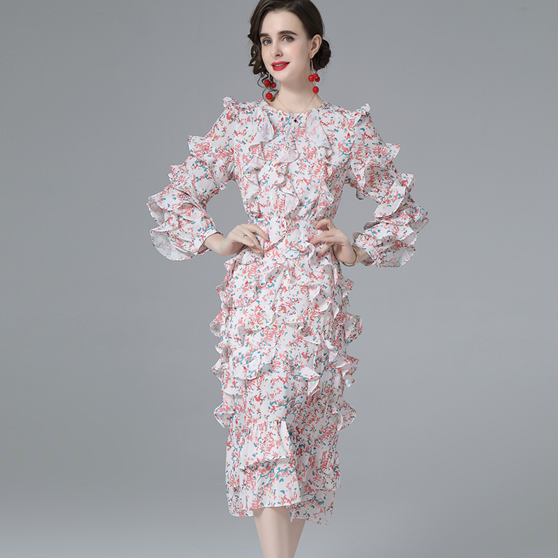 

Women' Runway Dress O Neck Long Sleeves Printed Ruffles Floral Sheath Elegant Fashion Casual Designer Dresses, Pink
