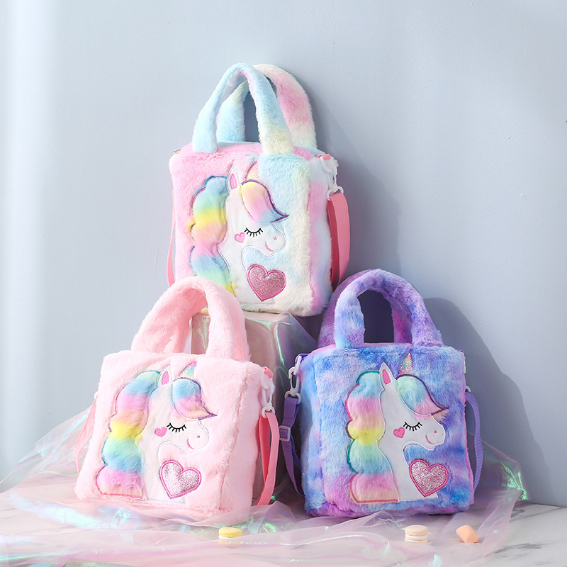 

Children Plush Unicorn Handbag Colorful Fur Shoulder Bags Winter School Purse Cartoon Animal Fashion Totes Kids Belts Pouch