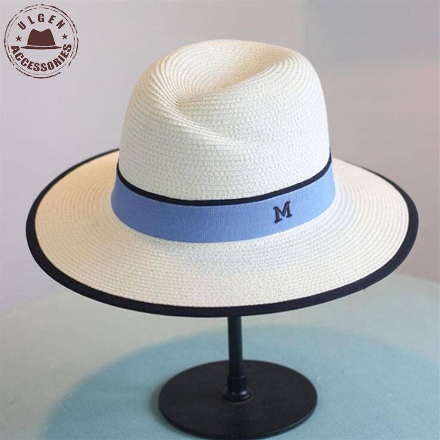 

New arrival Summer Fashion M letter straw hat for women Large brim M panama straw fedora women's travel beach hat sun hats239P, White
