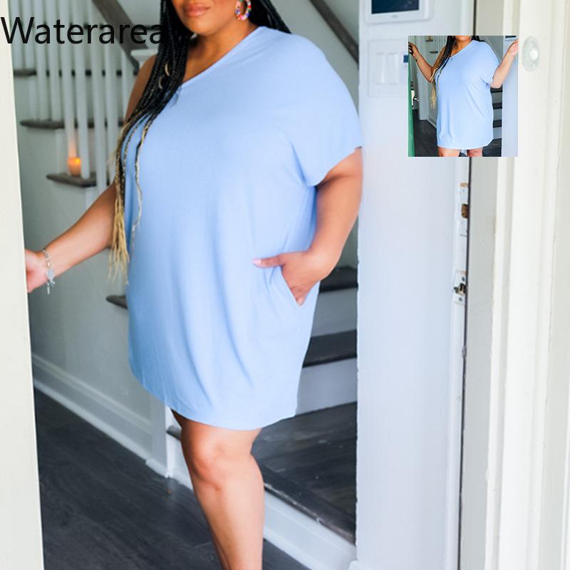 

Plus Size Dresses Waterarea Casual Women Dress Solid One-Shoulder Short Sleeve Skew Collar Comfortable Home SummerPlus, Sky blue