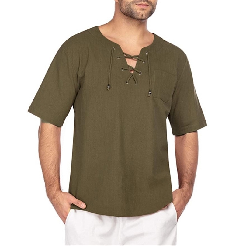Summer Mens Shortsleeved Tshirt Cotton and Linen Tie Collar Casual Mens Tshirt Shirt 220615