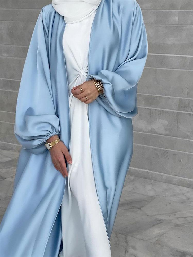 Ethnic Clothing Eid Satin Open Abaya Inner Long Dress Women Summer Elegant Puff Sleeve Muslim Hijab Robe Kimono Islam Dubai Turkey Modest Ka