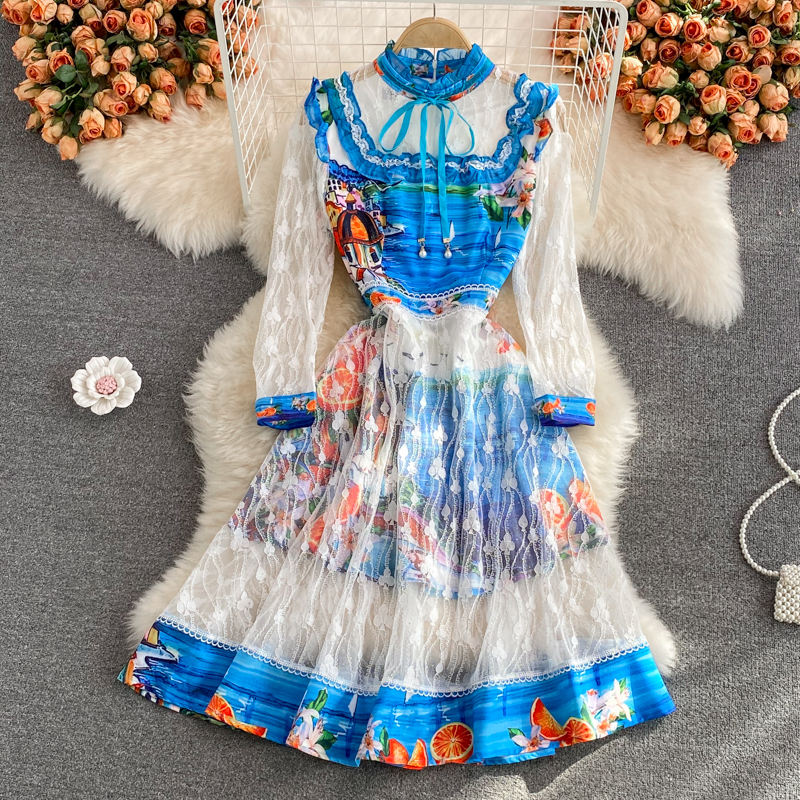 

Autumn Sweet Edible Tree Fungus Hit Color Patchwork Lace Bow Dress Women's Mesh Long Sleeve Floral Print Midi Elegant Vestidos 2022, Same as picture