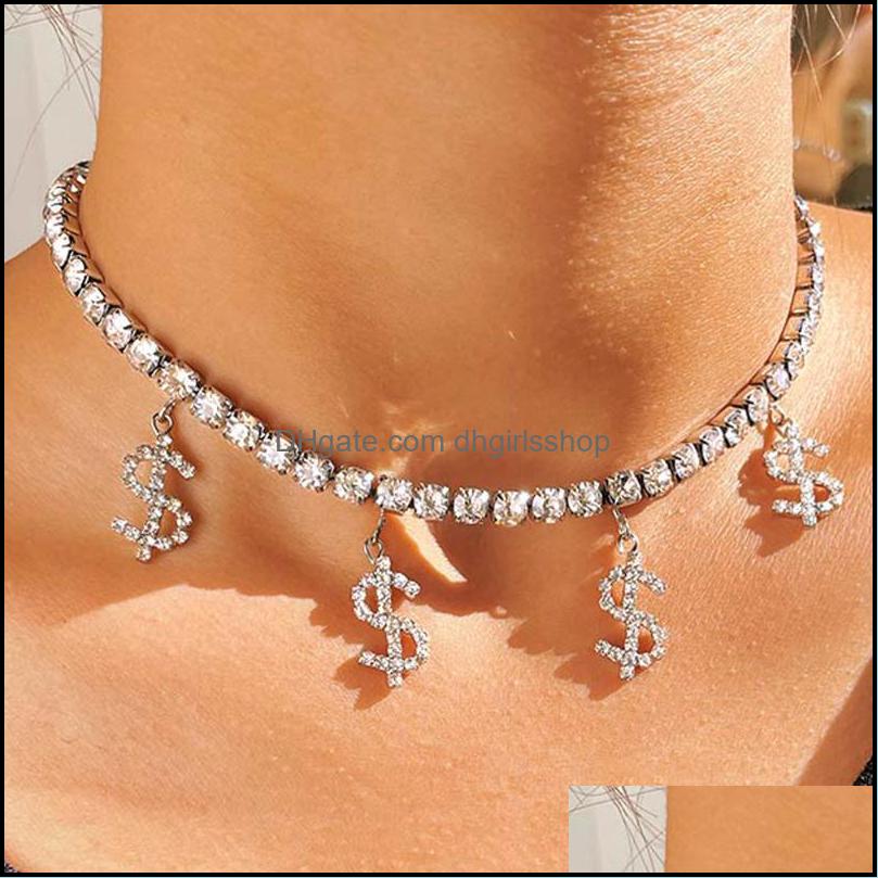 

Chains Necklaces Pendants Jewelry Flatfoosie Fashion Crystal Dollar Sign Pendant Necklace Gold Sier Color Rhinestone Tennis Dhifj