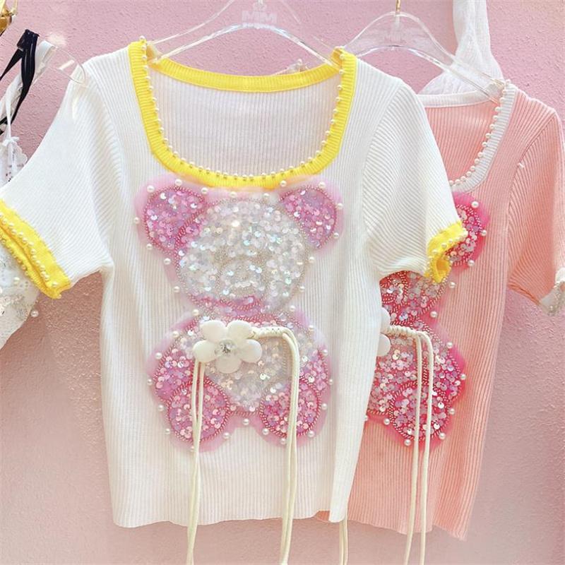 

Women' T-Shirt Summer Women' Shirt Beaded Sequins Bear Flowers Short-sleeved Pullover Knitted TopWomen, Blue