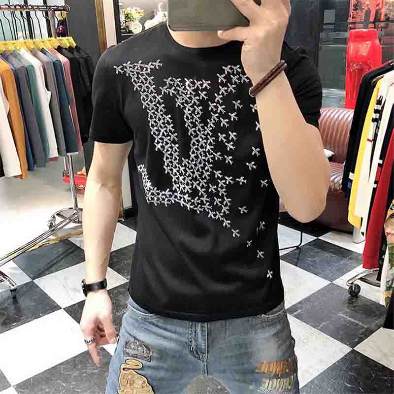 

Men Cotton T-shirt Plane V pattern Hot Rhinestone Fashion Designer Brand Male Tees Handsome Luxury Homme Tops Short Sleeve Man Clothing S-5XL, Purple