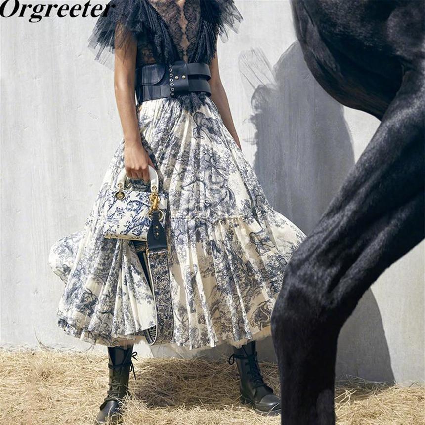 

Runway Design Long Maxi Skirts Womens Summer Ink totem forest animals Print Ruffled Pleated233I, Blue
